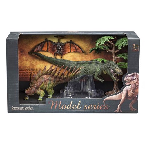 Dinosæt med dinosaurer, træer og sten